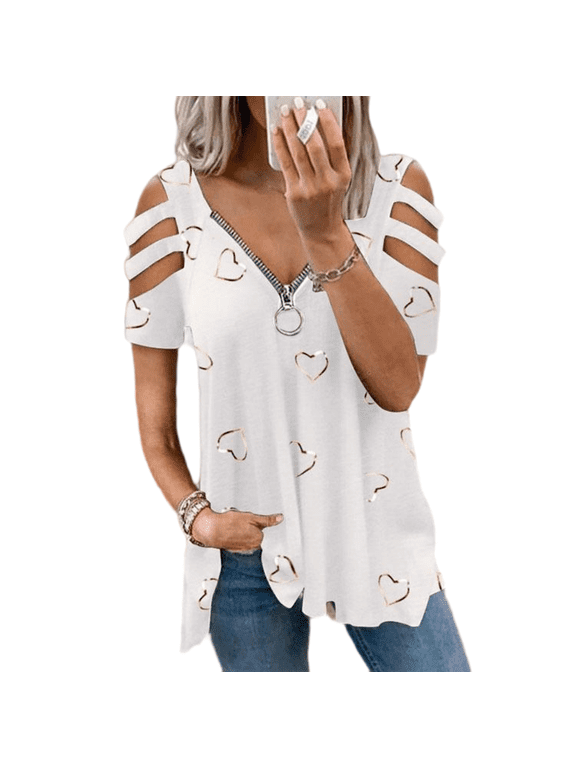 Women Cold Shoulder T-Shirt Summer V Neck Loose Hollow Out Heart Print Casual for Tees Top S-5XL