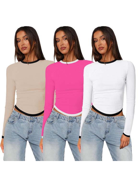 Women Color Soild Color T-Shirt Contrast Screw Thread Knit Long Sleeve Close-Fitting Top Spring and Summer Top for XS-XL