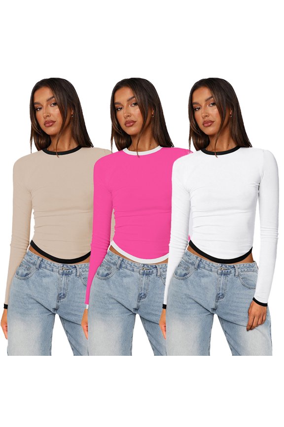 Women Color Soild Color T-Shirt Contrast Screw Thread Knit Long Sleeve Close-Fitting Top Spring and Summer Top for XS-XL