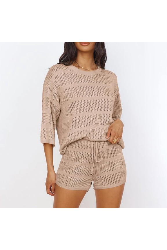Women Coverup Set Crochet Beach Cover Ups with Shorts Half Sleeve Swimsuit Bathing Suit Coverups S-XL