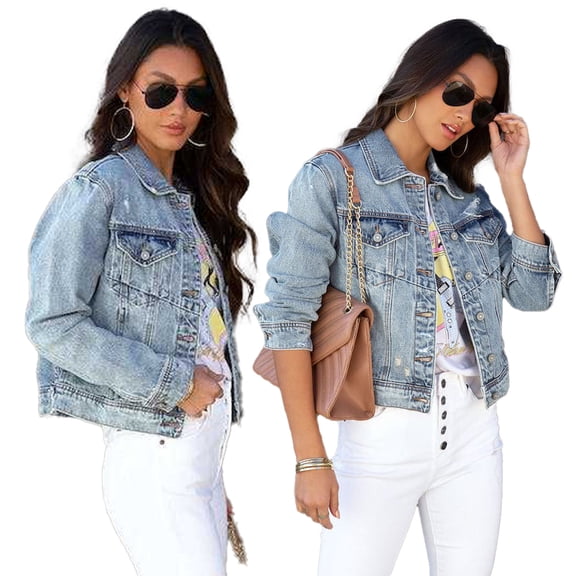 LYMAYTER Women Cowboy Outwear for S-XL Distressed Button-Down Jean Jacket Long Sleeve Ripped Short Denim Jacket