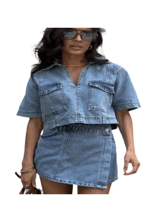 Women Denim 2 Piece Set Summer Fashion V-Neck Top & Edgy Asymmetric Skirt Shorts Set S-XL