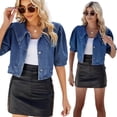 thumbnail image 1 of LYMAYTER Women Denim Jacket Navy Collar Short Jean Jacket 3/4 Sleeve Versatile Short Cowboy Outwear S M L XL, 1 of 8