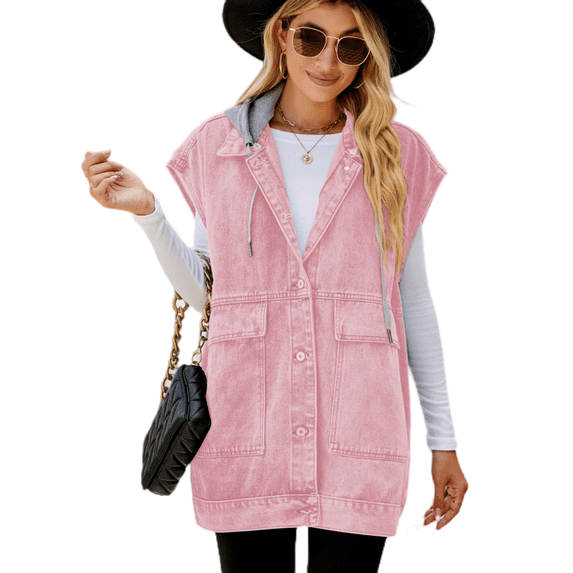 LYMAYTER Women Denim Jean Vest Summer Fashion Sleeveless Button-down for Jean Hooded Vest XS-2XL