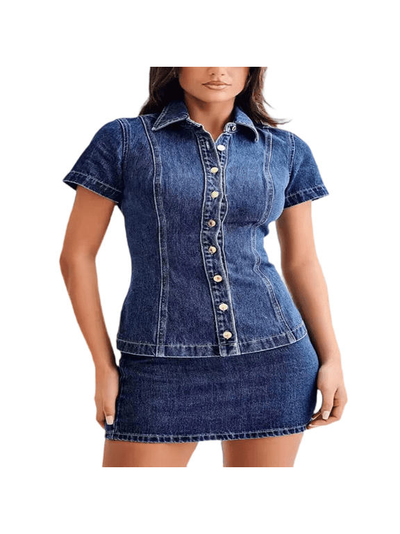 Women Denim Set Fashion Button Short Sleeve Outfit High Waisted Stretch Jean Skirts Outfits S-XL