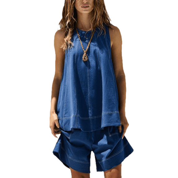 LYMAYTER Women Denim Shorts Sets Jean 2 Pieces Outfits for S-XL Loose Sleeveless Vest Tank Shirt Sets