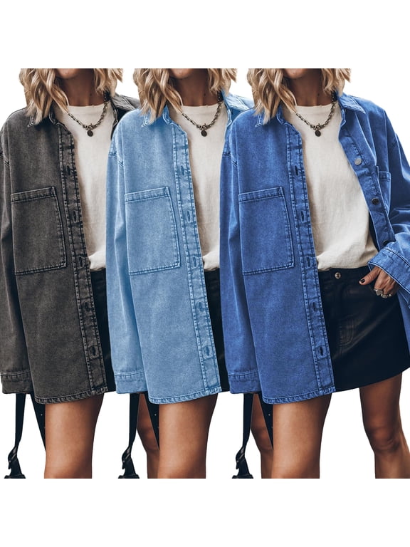 Women Fashion Jacket Vintage Button Up Frayed Hem Denim Jacket Long Sleeve Large Pockets Cowboy Outwear S-2XL
