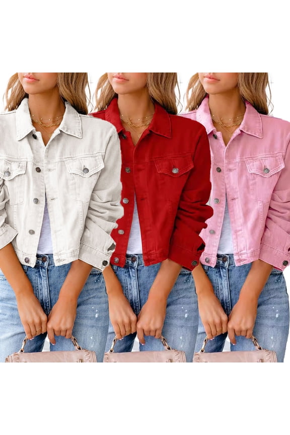 Women Fashion Jacket Washed Button Up Cropped Short Denim Jacket Spring/Summer Long Sleeve Coats S-3XL