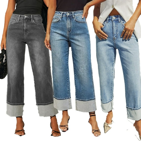 LYMAYTER Women Fashion Jeans High Waist Baggy Cuffed Jeans for S-2XL Vintage Straight Wide Leg Cropped Denim