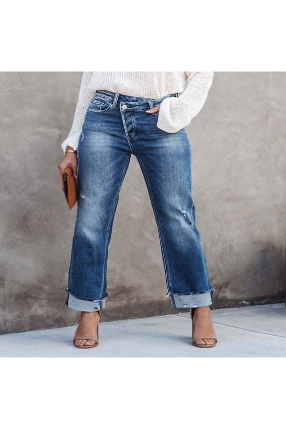 Women Fashion Jeans Washed High-Waisted Relaxed Rolled Jeans Casual Streetwear Denim Pants S-XL