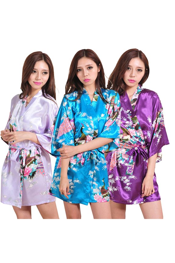 Women Fashion Sleepwear Peacock And Blossom Soft Bathrobe V Neck Satin Short Robe for Wedding Party S-2XL