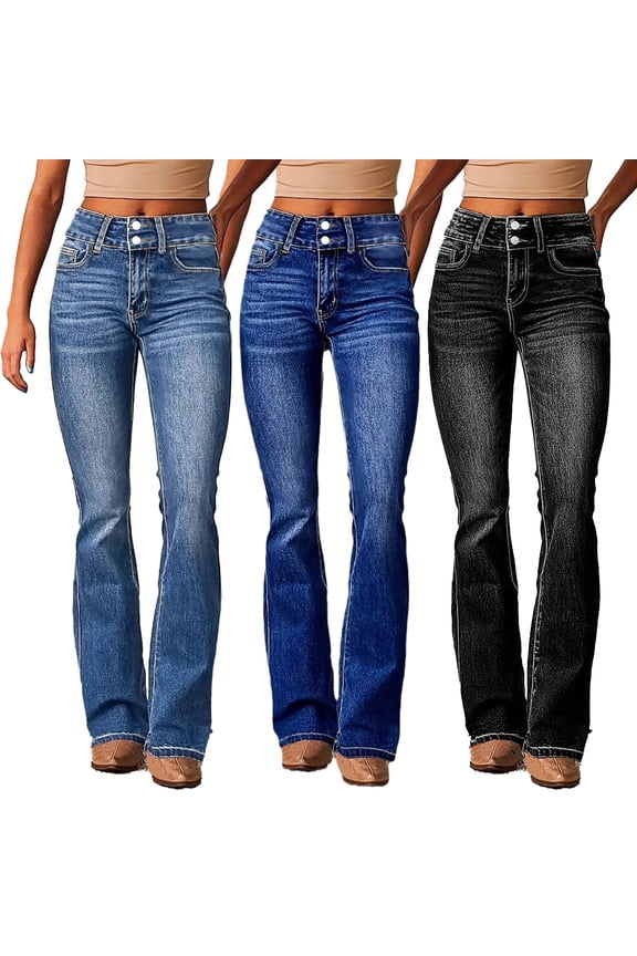 Women Flare Jeans Mid Rise Waisted Wide Leg Bootcut Denim Pull On Stretchy Microflare Jeans S-2XL