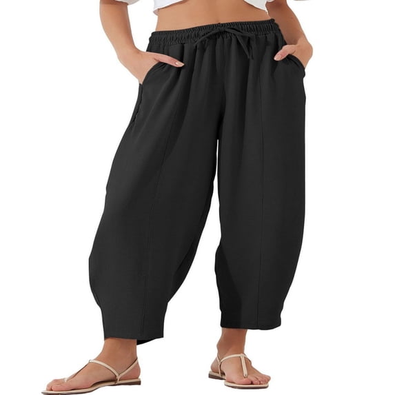 LYMAYTER Women High Waist Capri Pants Casual Drawstring Elastic Baggy Wide Leg Summer Cropped Pants