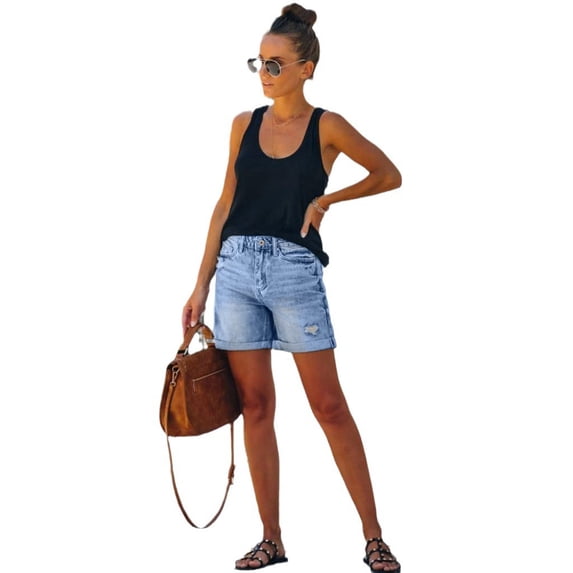 LYMAYTER Women Hole Denim Shorts High Waist Shorts Summer Elastic Force Jean Shorts for M-2XL