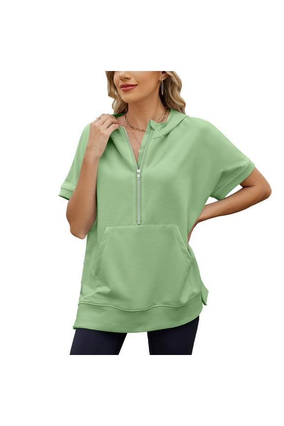 Women Hoodies Short Sleeve Loose Oversized Half Zip Casual Sweatshirts with Pockets for S-2XL