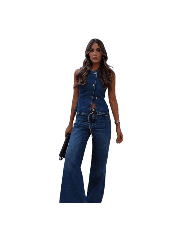 Women's Denim Set Button Down Sleeveless Tank Top and Wide Leg Long Jeans Long 2 Piece S-2XL