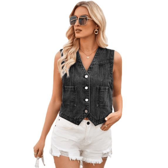 LYMAYTER Women Jean Vest Slim Fit Washed Denim Jacket Vest Summer V Neck Jean Waistcoat Tops S-XL