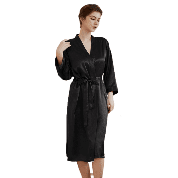 LYMAYTER Women Kimono Robe Summer Long Sleeve Satin Bathrobe for S-2XL Solid Color Casual Sleepwear
