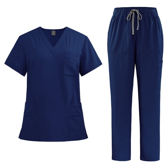 LYMAYTER Women Medical Uniform Outfit Solid Color V-Neck Nurse Uniform Elastic Waist Medical Workwear S-2XL