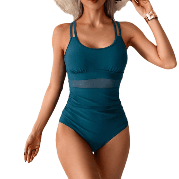 LYMAYTER Women One-Piece Swimsuit Solid Color Spliced Netting Skintight Sling Fashion for Swimwear S-2XL
