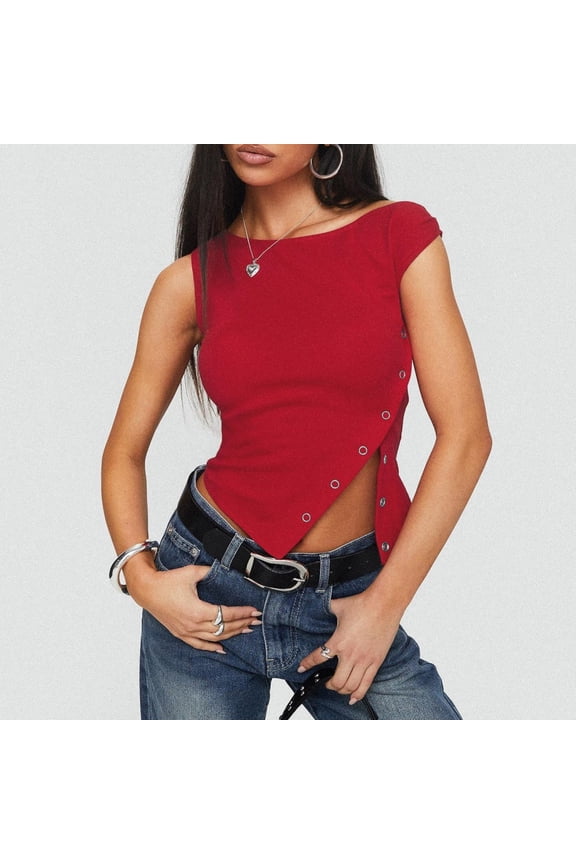 Women‌ One Shoulder Sleeveless Top Asymmetric Hem Button Detail Crop Tank Casual Summer Fashion