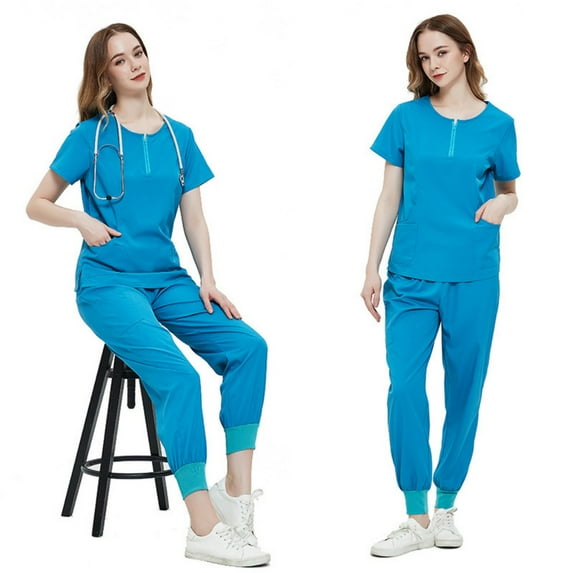 LYMAYTER Women Round Neck Medical Uniform for S-2xl Zipper Solid Color Multi-pocket Design Set