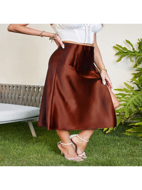 Women Satin Long Skirt Boho Solid Color Side Split High Waist A-Line for Midi Skirt S-XL