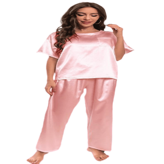 LYMAYTER Women Satin Pajamas Suit Short Sleeve Shirt with Long Pants Sets for S-2XL Soft Loungewear
