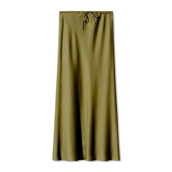LYMAYTER Women Satin Silk Maxi Skirts High Waist Drawstring Belt Flared Party Long Skirt for S-XL