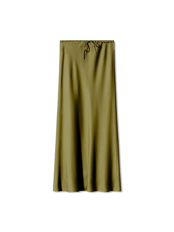 Women Satin Silk Maxi Skirts High Waist Drawstring Belt Flared Party Long Skirt for S-XL