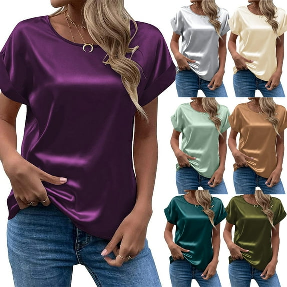 LYMAYTER Women Satin T-Shirt Round Neck Top Fallow Loose T-Shirt Spring and Summer T-Shirt Solid Color Shirt for S-2XL