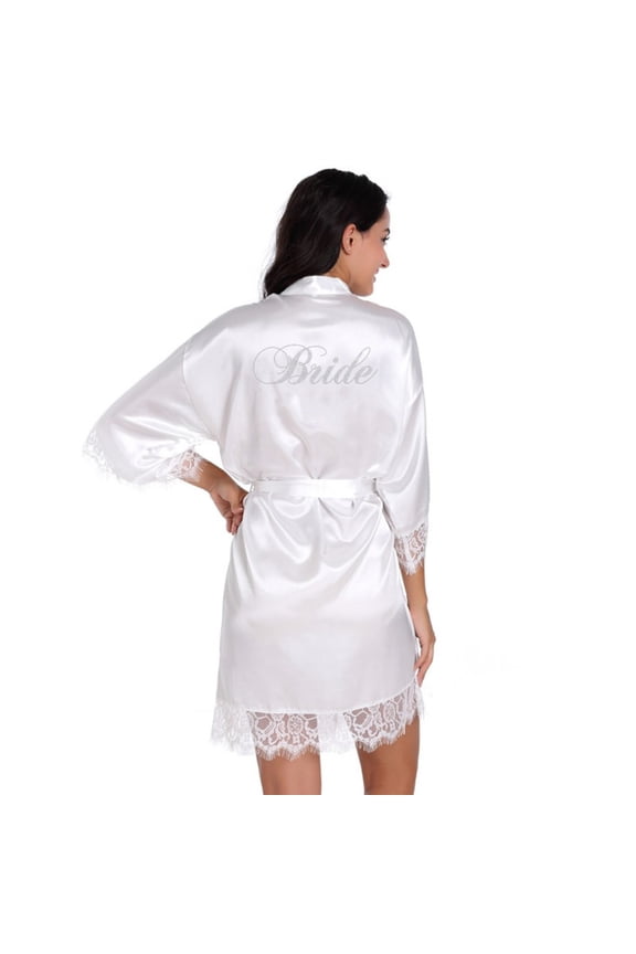 Women Short Sleeve Bathrobe Lace Trim Silky Satin Kimono Robes for Bridal Party S-2XL