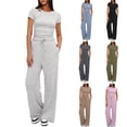 thumbnail image 1 of LYMAYTER Women Short Sleeve Suit Casual Slim Ruched Shirts Wide Leg Pants 2 Piece for Tracksuit Sets XS-2XL, 1 of 9