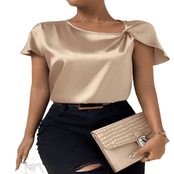 LYMAYTER Women Silk Satin T-Shirt Twist Front Knot Loose Breathable Lightweight Fashion for Tees Top S-XL