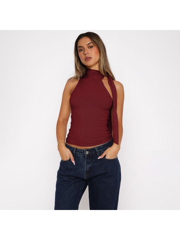 Women Sleeveless Summer Tops for S-L Mock Neck Tie Knot Lightweight Work Shirt
