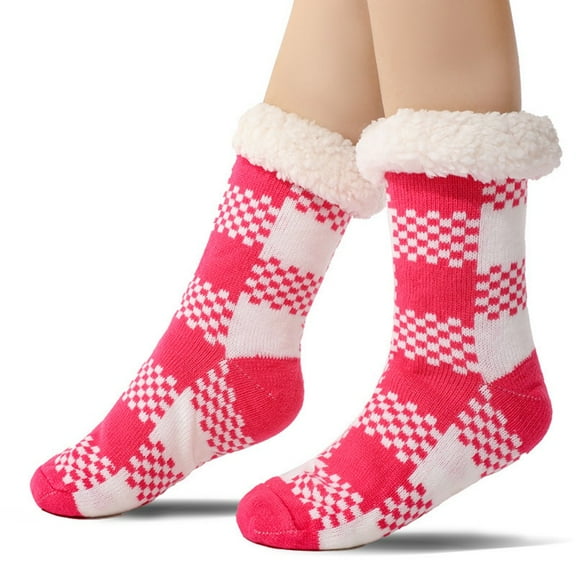 LYMAYTER Women Slip Grip Socks Fashion Buffalo Plaid Fuzzy Socks Winter Non-Slip Sole Slippers Socks