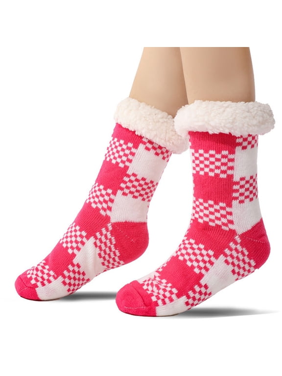 Women Slip Grip Socks Fashion Buffalo Plaid Fuzzy Socks Winter Non-Slip Sole Slippers Socks