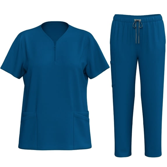 LYMAYTER Women Solid Color Medical Uniform for S-2XL Outfit V-Neck Zipper Type Ventilate Multi-pocket Design Top & Pants Nurse Uniform