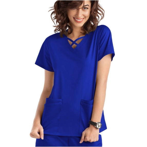 LYMAYTER Women V-Neck Medical Scrub Tops Comfort Medical Scrub Tops Solid Color Scrub Tops for S-2XL
