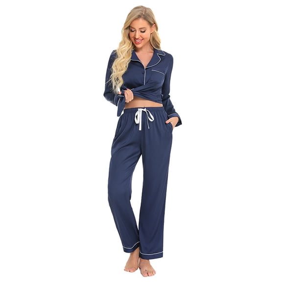 LYMAYTER Women V-Neck Pajamas Outfit Long Sleeve Button Sleepwear Solid Color Loungewear Set S-XXL