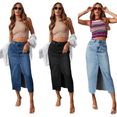 thumbnail image 1 of LYMAYTER Women Washed Denim Skirt Stretch Maxi Skirt Front Split Frayed Raw Hem Casual Jean Skirt S-2XL, 1 of 9