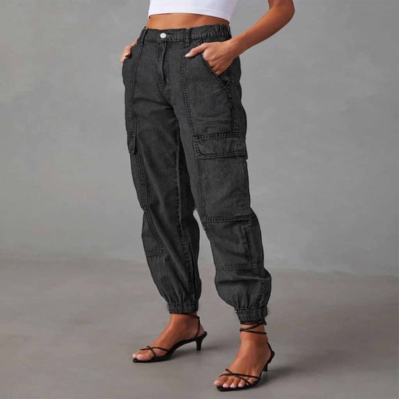 LYMAYTER Women Wide Leg Jeans Elastic Waist Wide Loose Drawstring for Denim Pants with Check Pocket S-XL