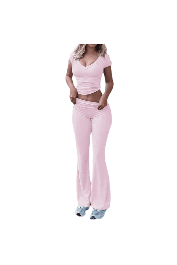 Women Workout Outfits 2 Piece Yoga Flare Pants Set Casual Short Sleeve Crop Tracksuit Sets S-XL