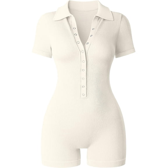 LYMAYTER Women Yoga Onesies Summer V-Neck Short Sleeve Bodysuit Female Casual Stretch Jumpsuits S-XL