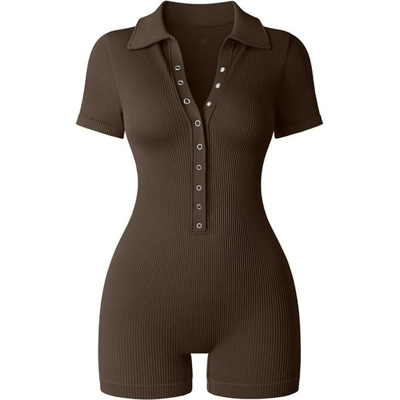 LYMAYTER Women Yoga Onesies Summer V-Neck Short Sleeve Bodysuit Female Casual Stretch Jumpsuits S-XL