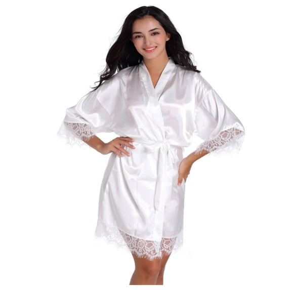 LYMAYTER Women's Bride Robe Bridal Robe Lace Trim Kimono Soft Satin Party Sleepwear Bathrobe