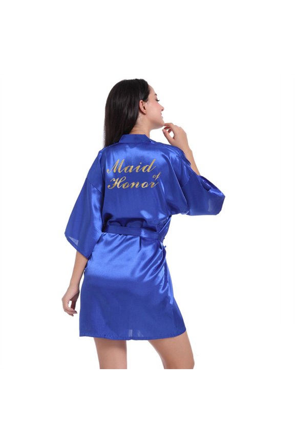 Women's Bridesmaid Bathrobe Short Satin Robe Gilded Letters Wedding Party Gift S-2XL
