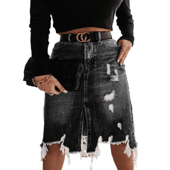 LYMAYTER Women's Casual Denim Skirt Mini Fringed Hem Distressed Retro Washed A-Line Denim Short Skirt