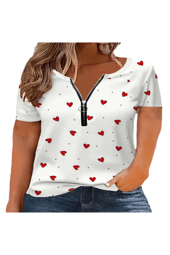 Women's Casual T-Shirt Loose V-Neck Half-Zip Front Short Sleeve Heart Print Breathable Top S-5XL