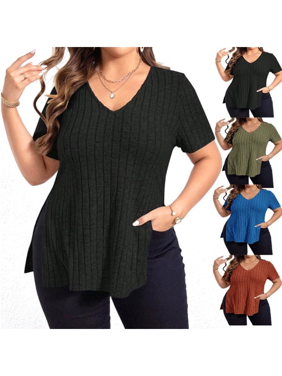 Women's Casual V Neck Short Sleeve Summer Knit Top Split Hem Retro Blouse S-2XL